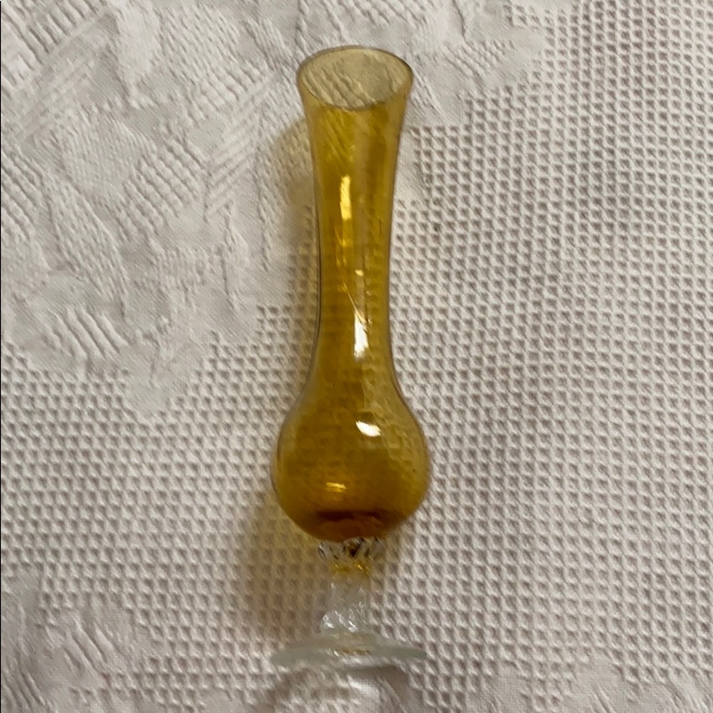 Vintage Hand blown amber color glass with clear swirl design base 8” bud vase